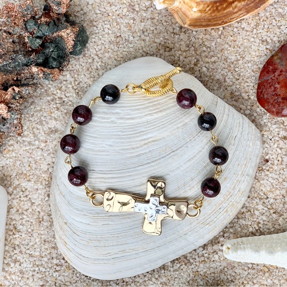 Christian Garnet Gemstone Cross Bracelet - “Linked in Faith” - Picture 4 of 5